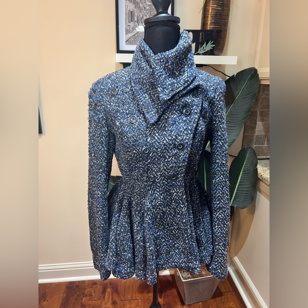 Free People Patricia Peplum Double Breasted Cotton Blend Knit BlueTweed Jacket 2
